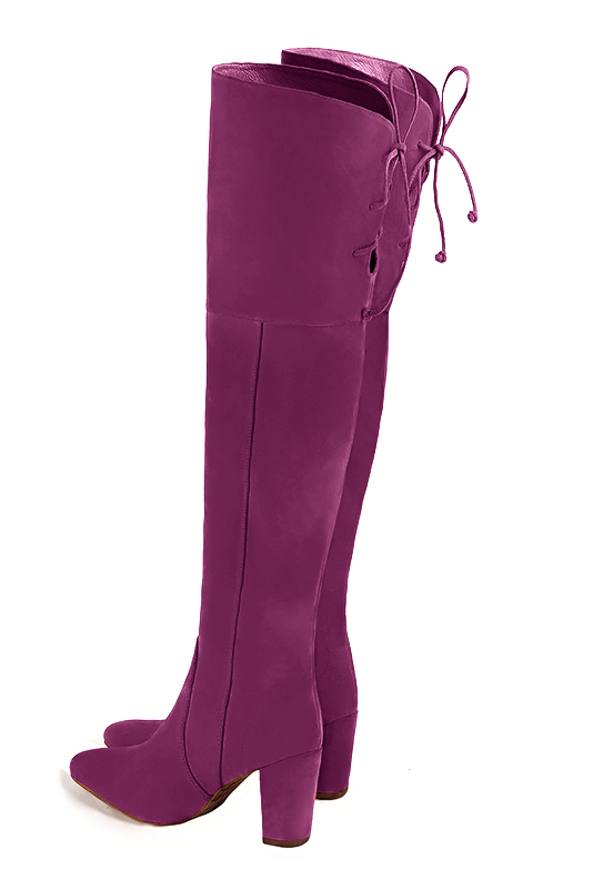 Mulberry purple women's leather thigh-high boots. Round toe. High block heels. Made to measure. Rear view - Florence KOOIJMAN